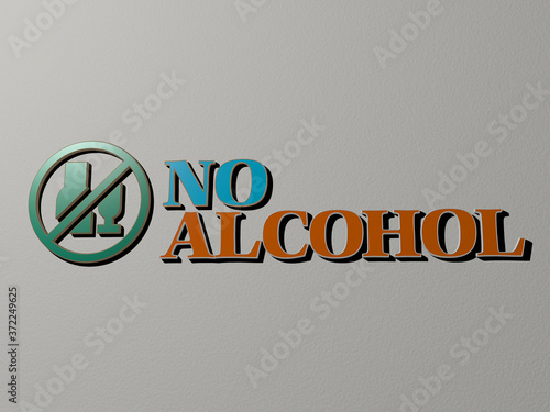 3D illustration of NO ALCOHOL graphics and text made by metallic dice letters for the related meanings of the concept and presentations for background and beverage