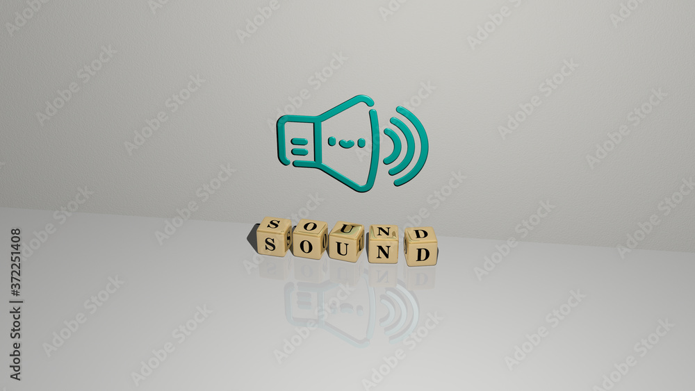 sound text of cubic dice letters on the floor and 3D icon on the wall, 3D illustration for music and background sound text of cubic dice letters on the floor and 3D icon on the wall, 3D illustration for music and background