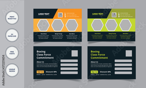 Modern gym postcard design, corporate postcard design, vector illustration standard postcard .