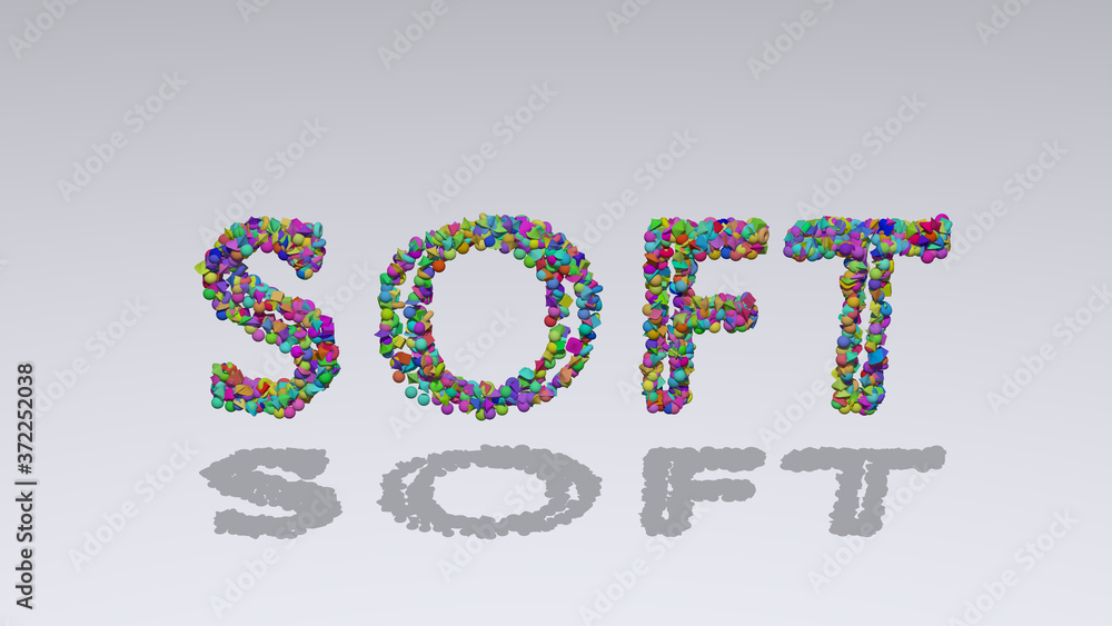 soft written in 3D illustration by colorful small objects casting shadow on a white background for abstract and blue soft written in 3D illustration by colorful small objects casting shadow on a white background for abstract and blue