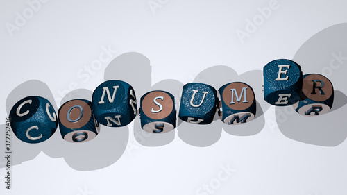 CONSUMER text by dancing dice letters, 3D illustration for business and customer