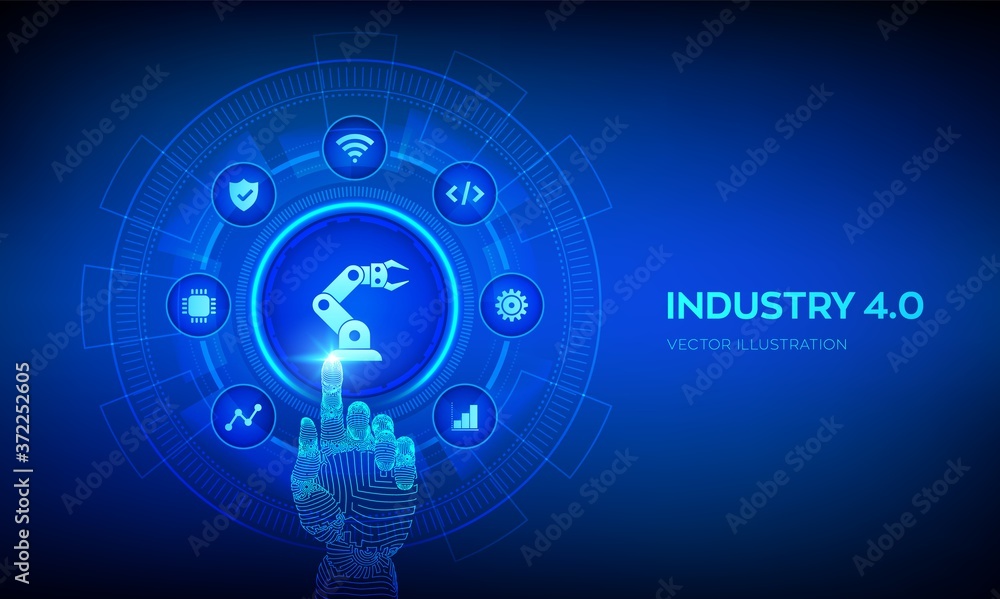 Smart Industry 4.0 concept. Factory automation. Autonomous industrial technology. Industrial revolutions steps. Robotic hand touching digital interface. Vector illustration. Smart Industry 4.0 concept. Factory automation. Autonomous industrial technology. Industrial revolutions steps. Robotic hand touching digital interface. Vector illustration.