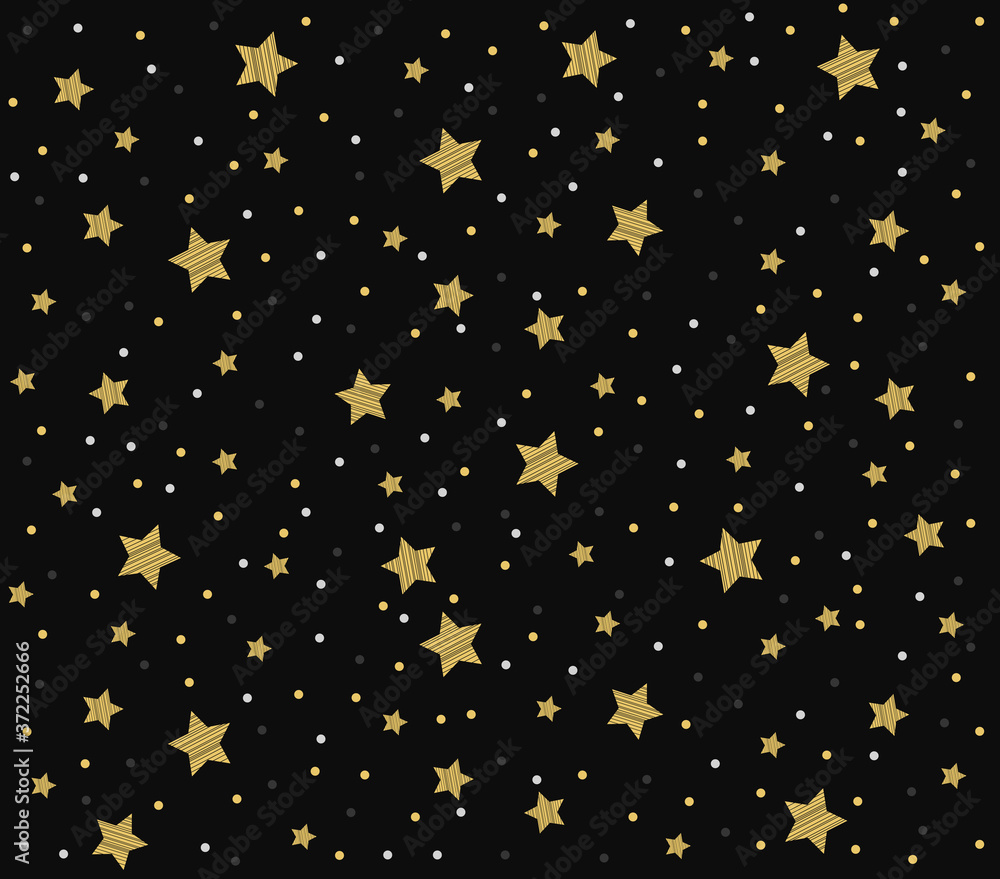 Stars seamless gold pattern and black retro background. Holiday background,  with stars.