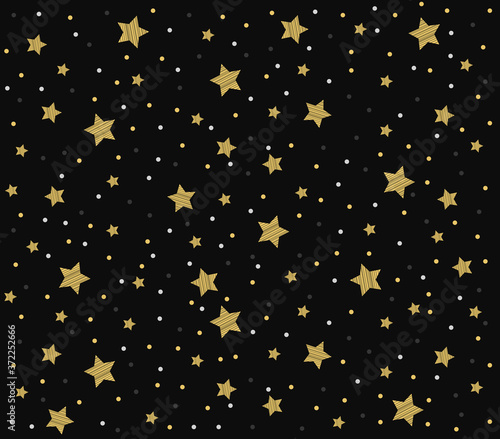 Stars seamless gold pattern and black retro background. Holiday background, with stars.