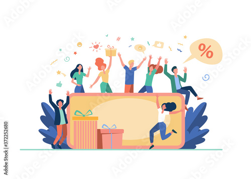 People celebrating with gift card voucher isolated flat vector illustration. Cartoon happy customers winning abstract prize, certificate or discount coupon. Creative strategy camp and money concept