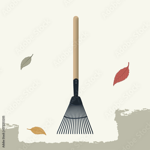 Rake, metal with wooden handle - abstract light background - vector. Garden work