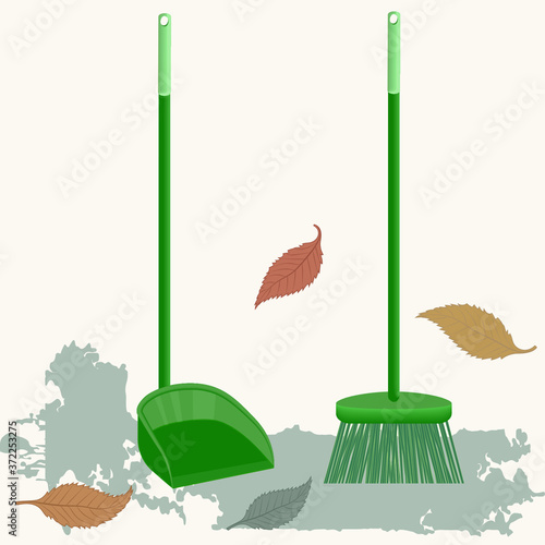 Broom and scoop with plastic handle - abstract light background - vector. Garden work
