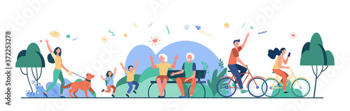 Fototapeta Naklejka Na Ścianę i Meble -  Happy group of various people in park isolated flat vector illustration. Cartoon different character walking with dog, playing, sitting and biking. Summer and leisure concept