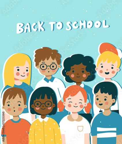 Back to school concept in cute cartoon style. Vector illustration of happy multinational school children. Can be used for a poster, banner or cover.