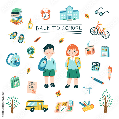 Back to school concept in cute cartoon style. Set of school related objects, such as backpack, books, stationery, and two students. Elements are isolated.