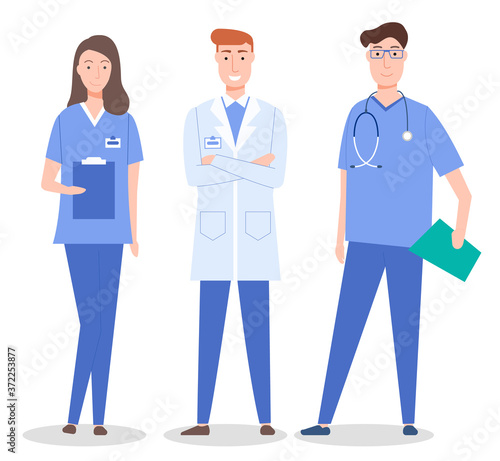 Collective of doctors and nurse characters set flat style. Medical people group icon on a white background vector illustration. Medical professional workers man and woman wearing special clothes