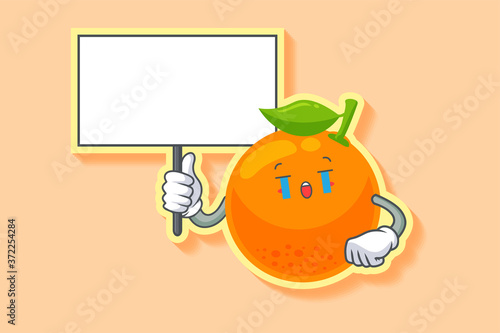 CRYING, SAD, SOB, CRY Face Emotion. Holding Whiteboard Gesture. Orange, Citrus Fruit Cartoon Drawing Mascot Illustration.
