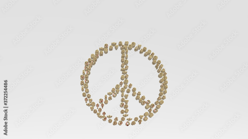 peace sign of religious symbols from a perspective on the wall. A thick sculpture made of metallic materials of 3D rendering for illustration and background peace sign of religious symbols from a perspective on the wall. A thick sculpture made of metallic materials of 3D rendering for illustration and background