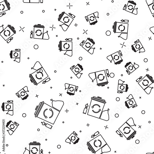 Black line Recycle bin with recycle symbol icon isolated seamless pattern on white background. Trash can icon. Garbage bin sign. Recycle basket. Vector Illustration.