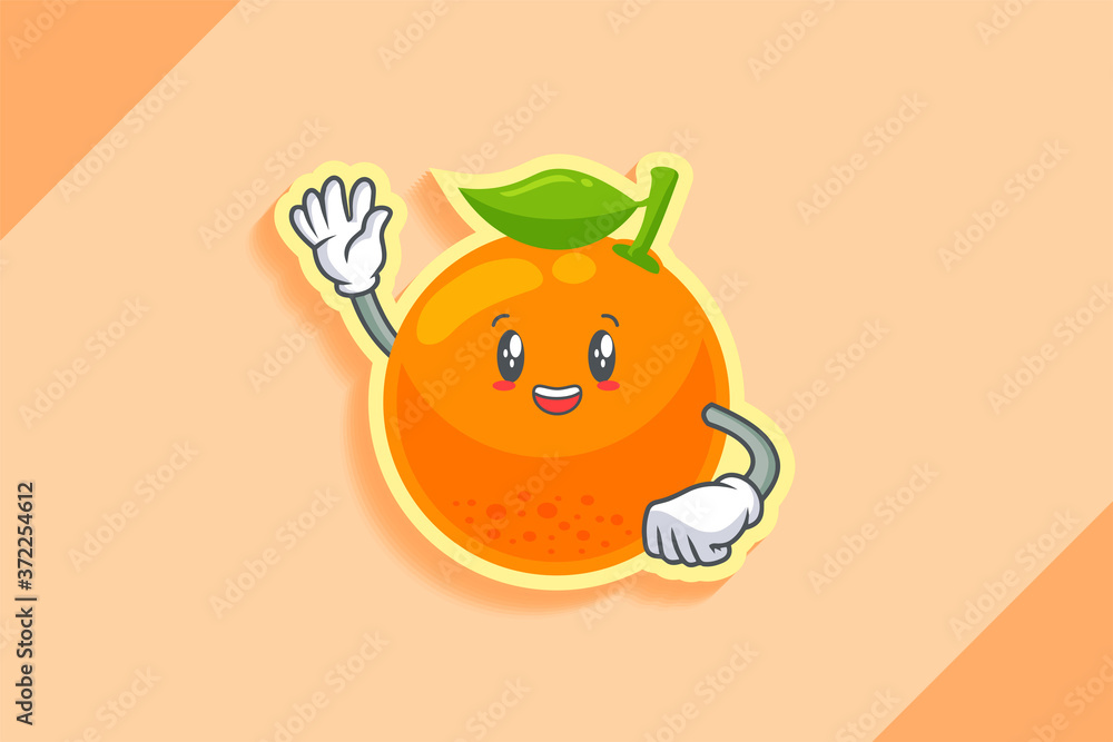 SMILING, HAPPY, CHEERFUL Face Emotion. Waving Hand Gesture. Orange, Citrus Fruit Cartoon Drawing Mascot Illustration.