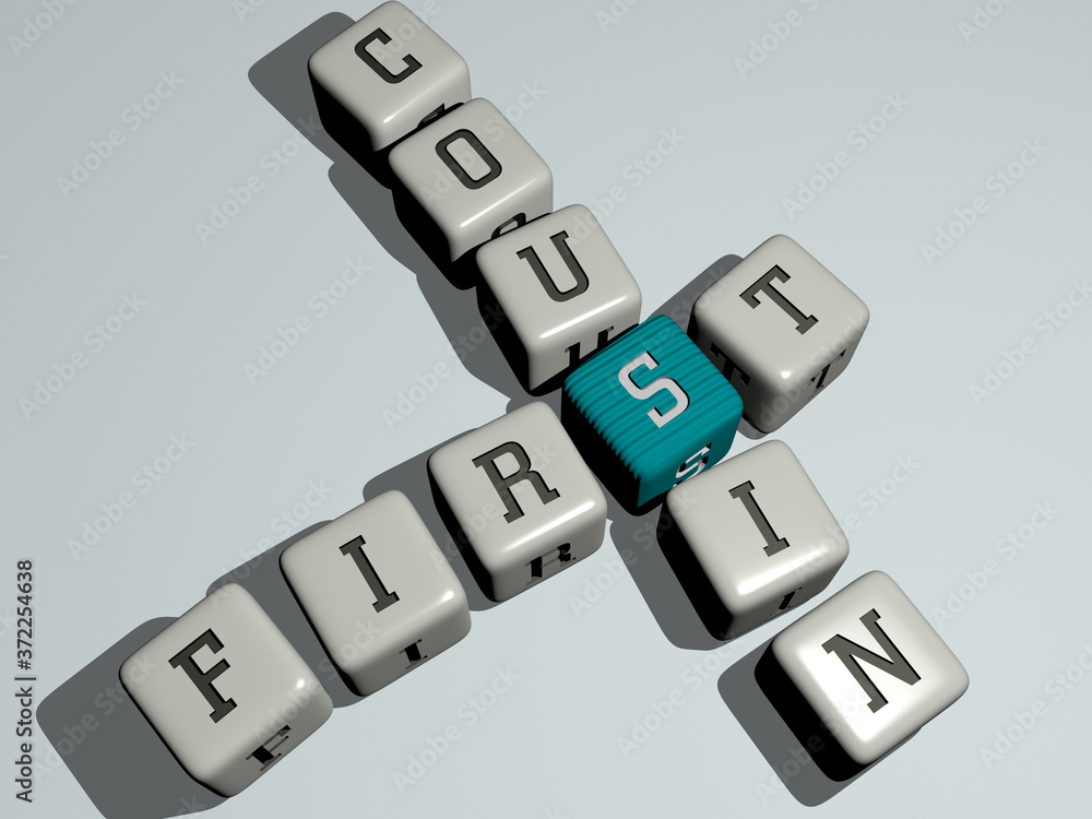 first cousin crossword by cubic dice letters, 3D illustration first cousin crossword by cubic dice letters, 3D illustration