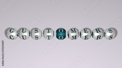 CUSTOMERS text by cubic dice letters, 3D illustration for business and concept