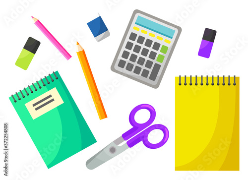 Calculator equipment, scissors and notebook, colorful pencils and eraser. Educational object, counting symbol on white, back to school, studying vector. Back to school concept. Flat cartoon