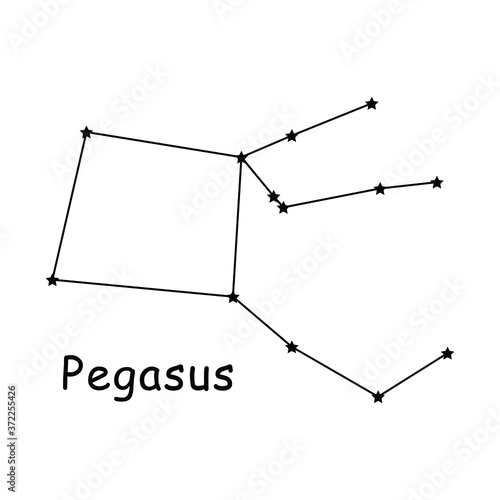 Pegasus Constellation Stars Vector Icon Pictogram with Description Text. Artwork Depicting the Greek Mythology Pegasus Constellation in the Night Sky