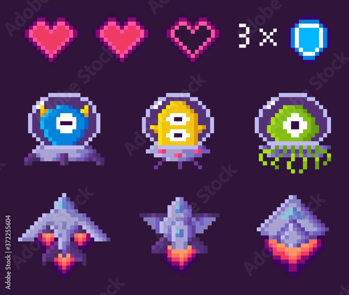 Pixel game vector, character of galaxy, points and numbers. Spaceship with trace, heart symbolizing life, shield and experience stats, invaders fight