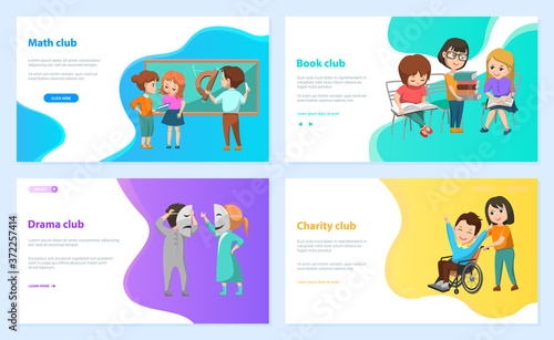 Charity and drama club vector, math and book hobby back to school concept. Children helping disabled students, acting on stage and solving geometry problems. Website or webpage template, landing page