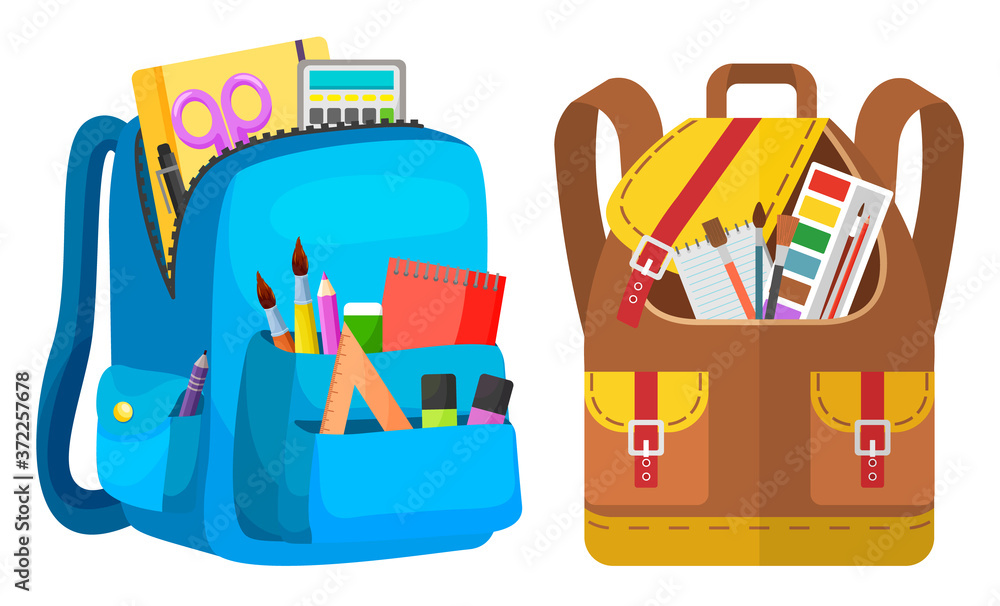 Colored school backpack. Education and study back to school, schoolbag  luggage, rucksack vector illustration. Kids school bag with education  equipment. Backpacks with study supplies. Student satchels Stock Vector |  Adobe Stock