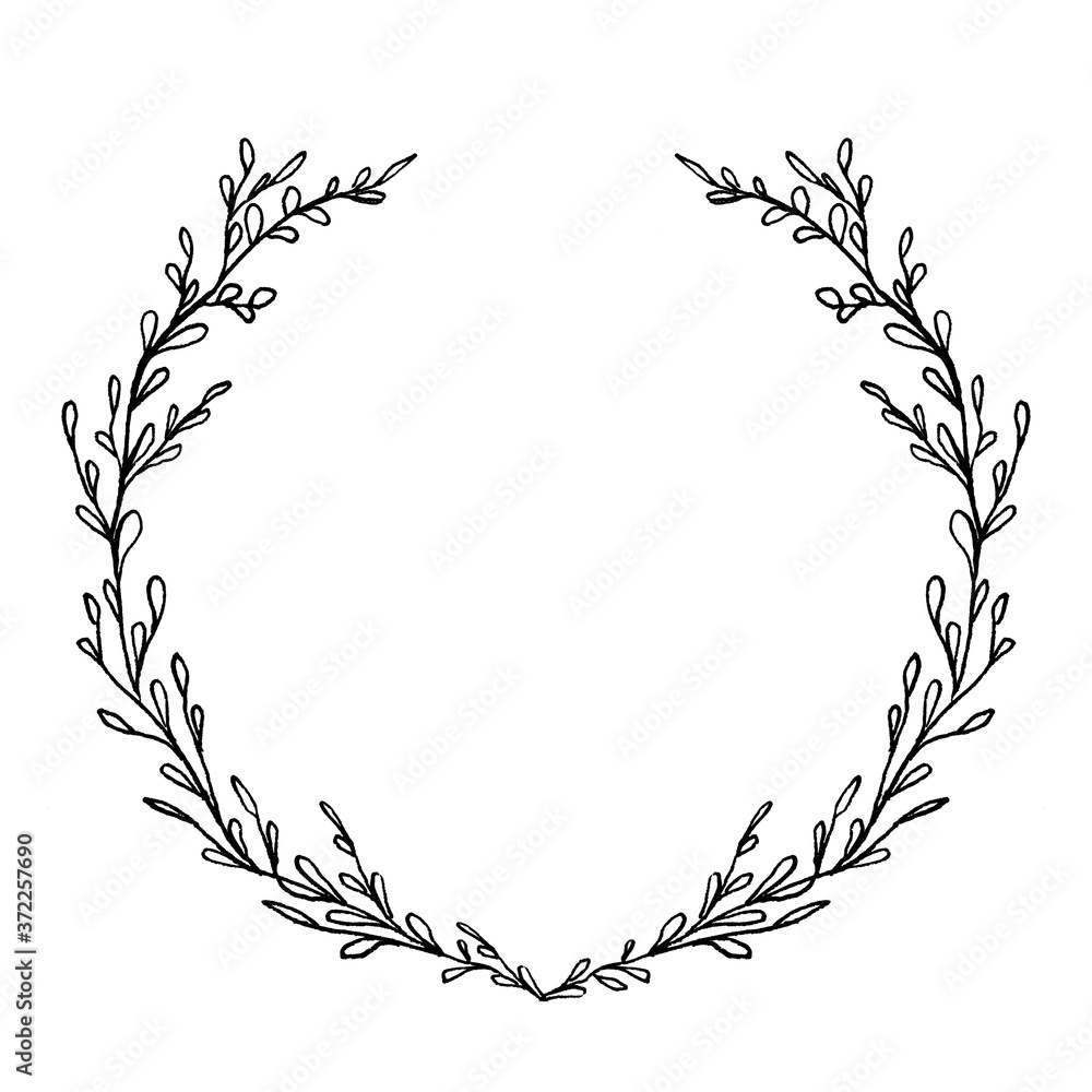 Delicate floral wreath illustration. Botanical frame isolated on white background. Black leaf hand drawn frame. Delicate floral wreath illustration. Botanical frame isolated on white background. Black leaf hand drawn frame.