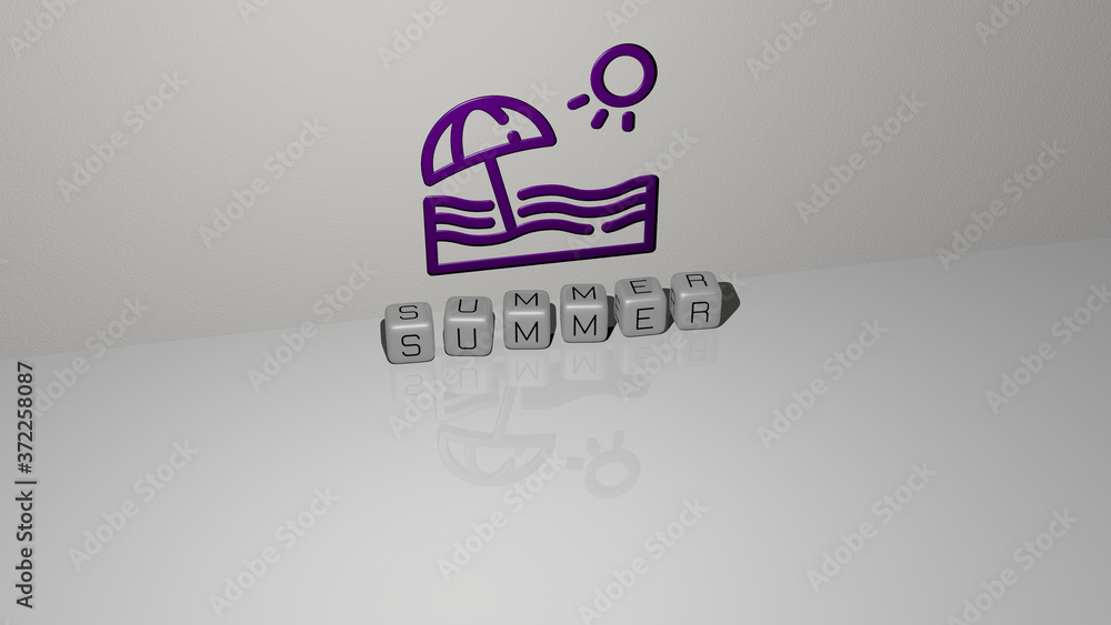 SUMMER text of cubic dice letters on the floor and 3D icon on the wall, 3D illustration for background and beautiful SUMMER text of cubic dice letters on the floor and 3D icon on the wall, 3D illustration for background and beautiful