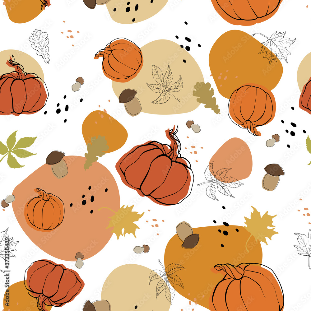 Pumpkin seamless background. Pumpkin background. Harvest Festival or Thanksgiving Day.
Halloween. Template for printing. Vector image of pumpkin, leaves, mushrooms and graphic elements.
