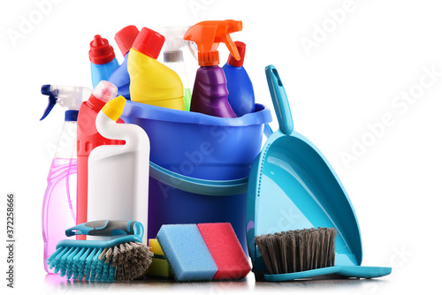 Variety of detergent bottles and chemical cleaning supplies
