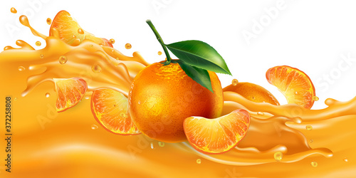 Whole and sliced mandarins on a fruit juice wave.