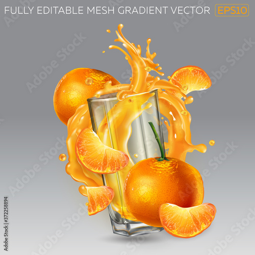 Splash of fruit juice in a glass and mandarins.