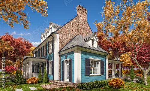 3d rendering of modern cozy classic house in colonial style with garage and pool for sale or rent with beautiful landscaping on background. Clear sunny autumn day with golden leaves anywhere.