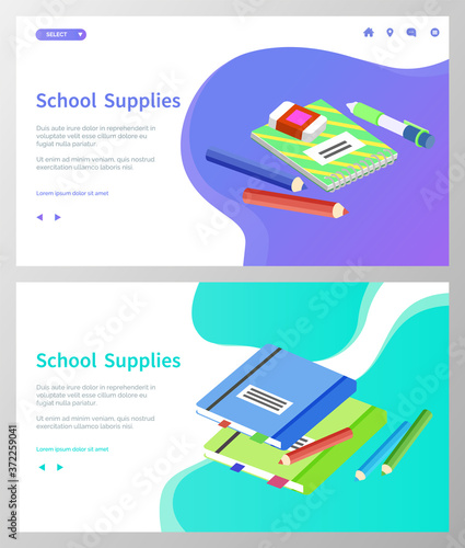 Supplies for lessons, vector illustration. Collection of school supplies or stationery. Isometric cartoon items for education of smart pupils and students. Knowledge and education. School accessories