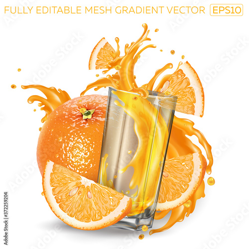 Oranges and a glass of splashing fruit juice.