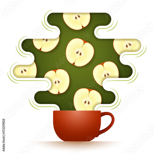 Ceramic cup of hot flavored fruit tea with apple slices