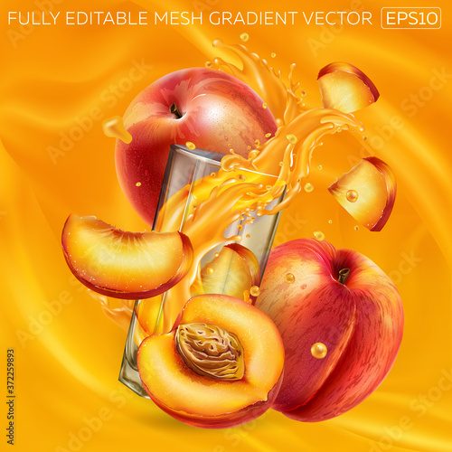Fresh peaches and a glass of splashing juice on a background of fruit juice.