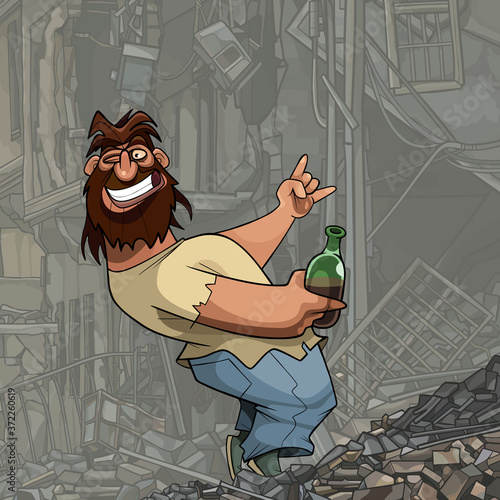 cartoon shaggy bearded man with bottle in hand having fun in ruins