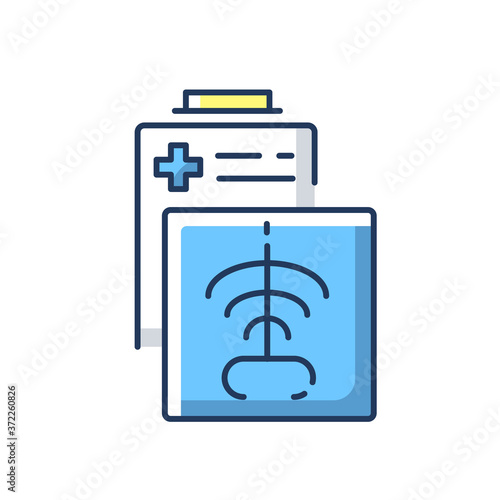 Radiology department RGB color icon. Radiation medicine. Radiologic technologist. CT scan. X rays radiography. Diagnosis. Examination. Hospital department. Isolated vector illustration