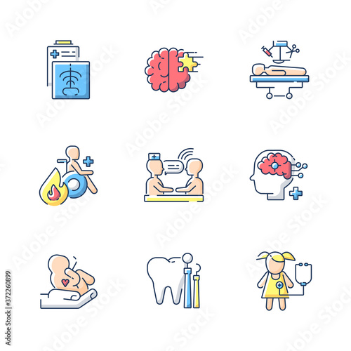 Healthcare services RGB color icons set. Maternity and psychiatric ward. Burn center. CT scan. Xrays radiography. Counseling. Cosmetic surgery. Hospital department. Isolated vector illustrations