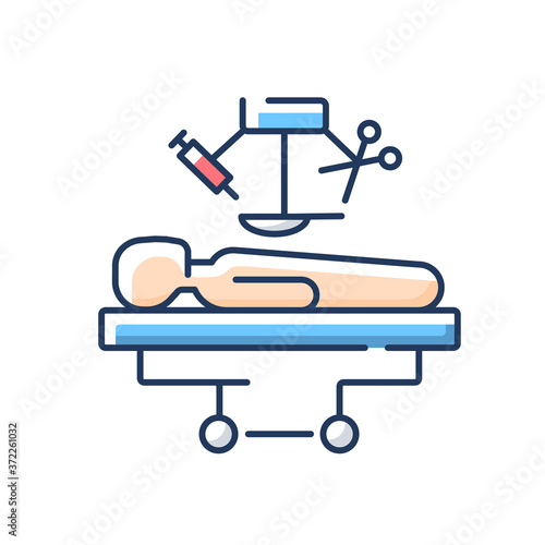 Surgery RGB color icon. Medical operation. Surgical procedures. Body injuries treatment. Surgical instruments. Medical care. Physician. Hospital department. Isolated vector illustration