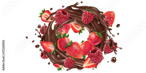 Fresh strawberries and raspberries in a chocolate splash.