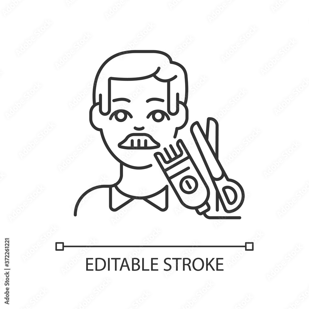 Mens hair cut linear icon. Male haircutting and hairstyling. Hairdresser service. Barbershop. Thin line customizable illustration. Contour symbol. Vector isolated outline drawing. Editable stroke Mens hair cut linear icon. Male haircutting and hairstyling. Hairdresser service. Barbershop. Thin line customizable illustration. Contour symbol. Vector isolated outline drawing. Editable stroke