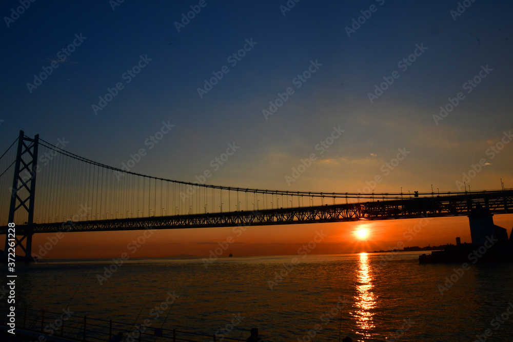 橋, 夕焼け, 水, 海, 太陽, 明石海峡大橋