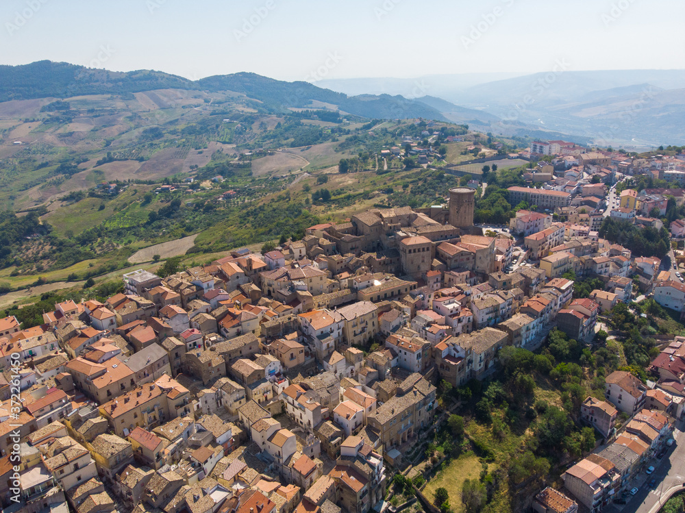 Tricarico town, province of Matera, Basilicata, southern Italy. It is home to one of the best preserved medieval historical centres in Italy. aerial view of tricarico with its Norman tower