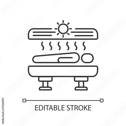 Tanning linear icon. Solarium. Indoor tanning and sunbathing. Sunbed. Spa salon tanning. Thin line customizable illustration. Contour symbol. Vector isolated outline drawing. Editable stroke