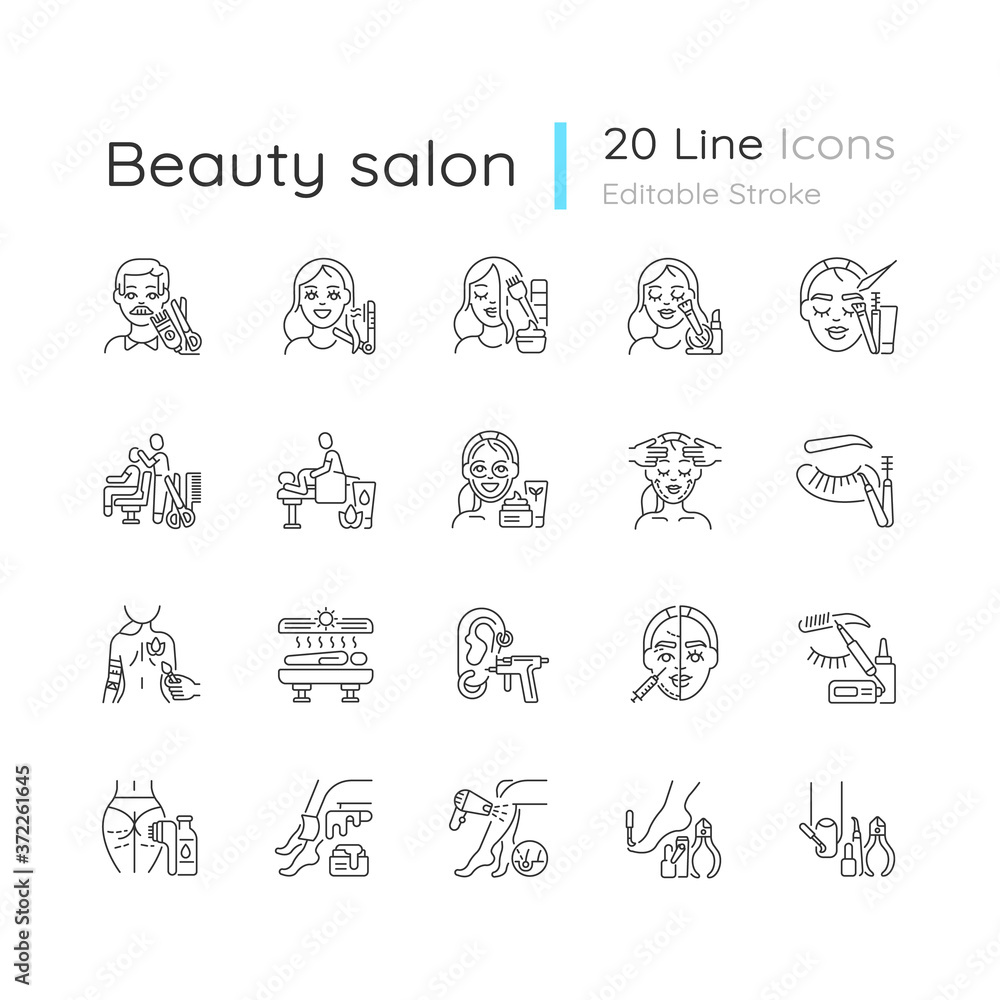 Beauty salon linear icons set. Anti cellulite program. Lash making. Face fitness. Hair styling. Customizable thin line contour symbols. Isolated vector outline illustrations. Editable stroke