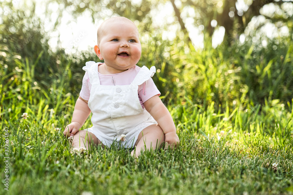 Happy adorable chubby baby girl sitting on the grass Happy adorable chubby baby girl sitting on the grass