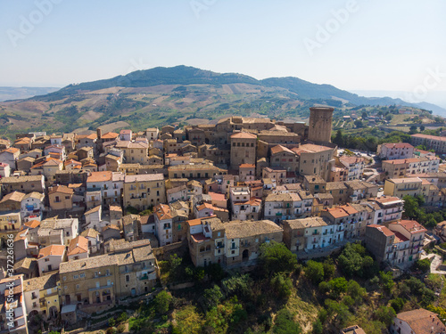 Tricarico town, province of Matera, Basilicata, southern Italy. It is home to one of the best preserved medieval historical centres in Italy. aerial view of tricarico with its Norman tower