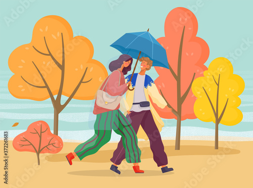 Man and woman covering from rain using umbrella. Couple on romantic date in autumnal park or forest with yellow trees and bushes. Male and female characters walking outdoors, vector in flat style